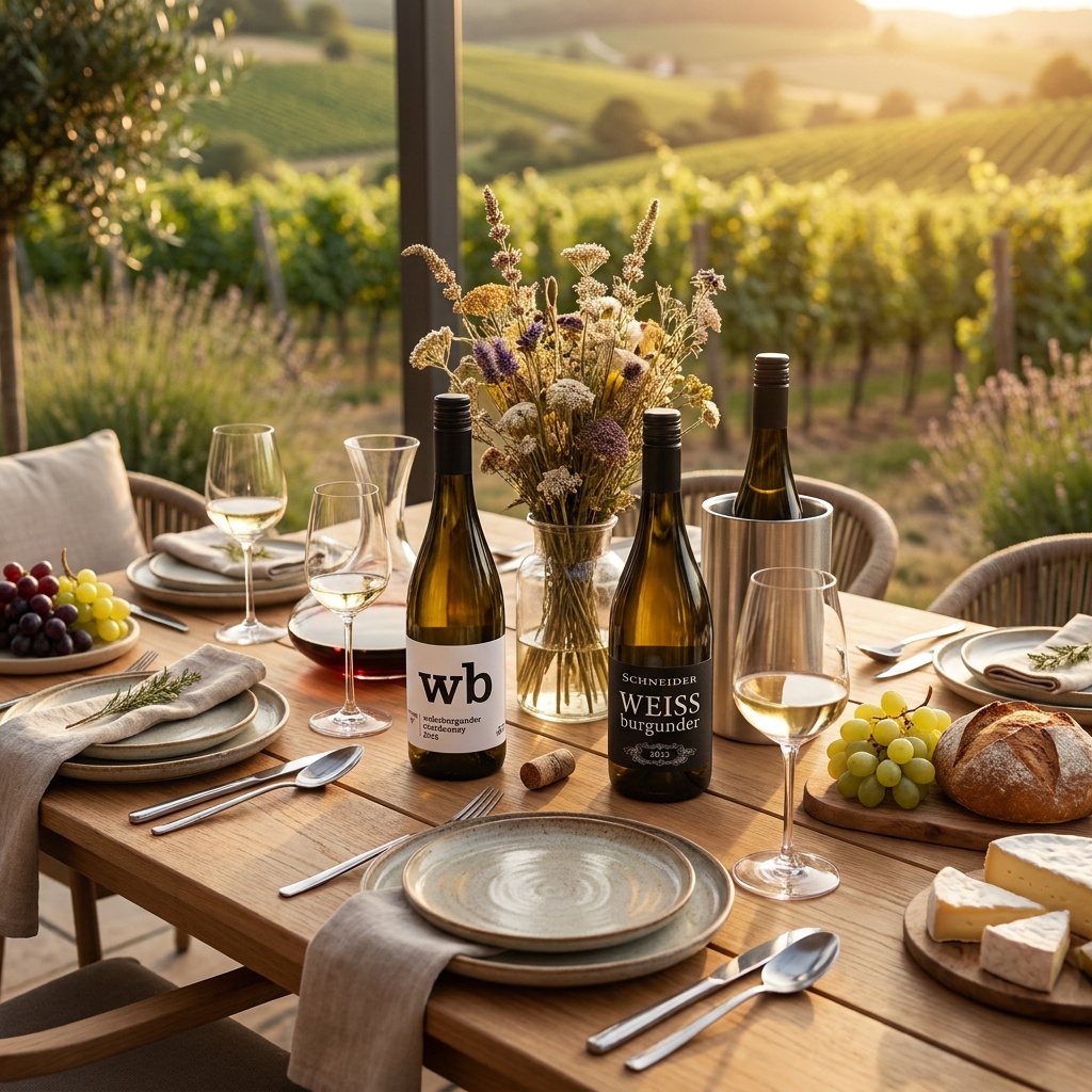 Weissweingläser und Flaschen auf einer Tafel im Weinberg